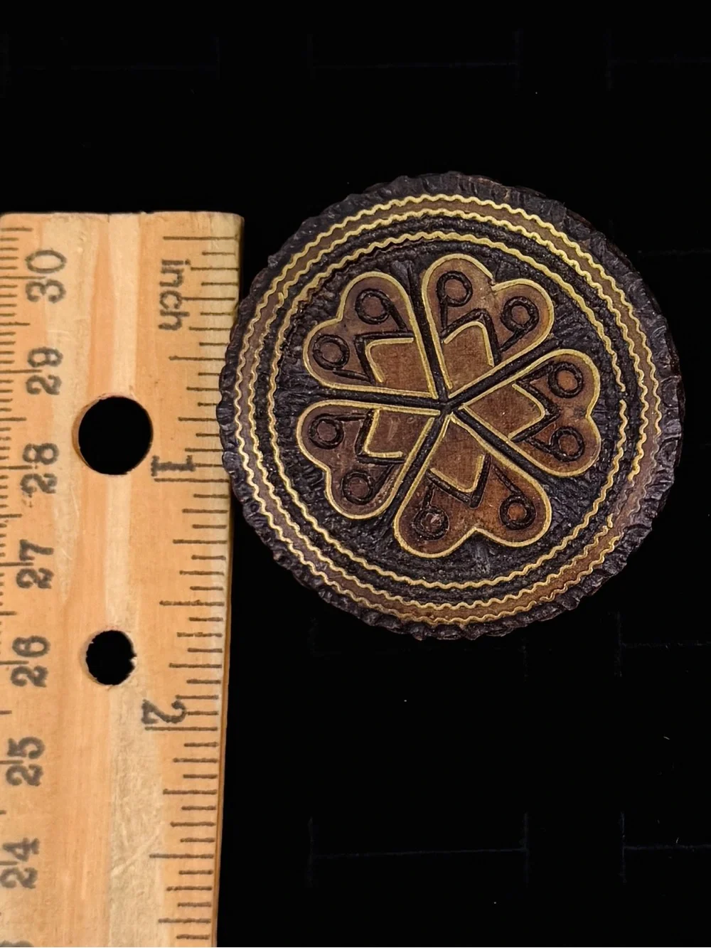 Vintage Round Carved Wood Medallion Brooch Brass Inlay Geometric Folk Art Pin